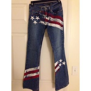 Original Bebe Red Flag Bling Flare Jeans 27